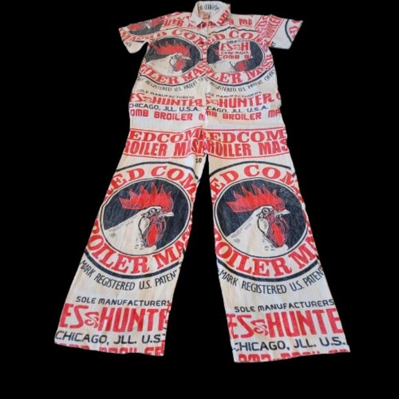 Coveralls Flour Sack Chicken Rooster Hippie Overalls Cottage Core Boho One SZ - Picture 1 of 16